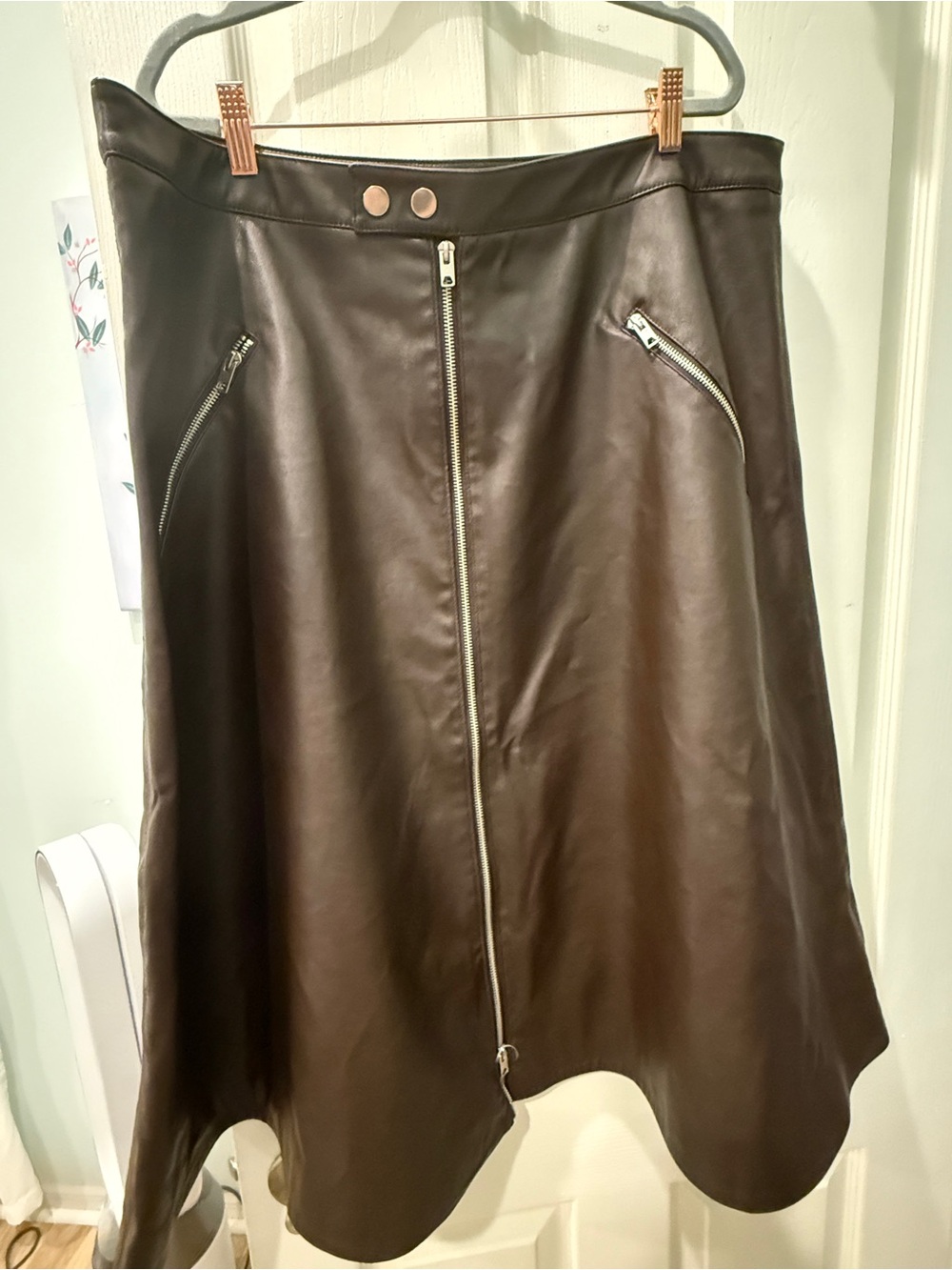 H&M Dark Brown Coated Faux Leather A-Line Skirt with Front Zip